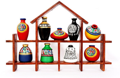 

Indikala Hut Shaped Frame Unit With Nine Elegant Pots Wooden Wall Shelf(Multicolor)