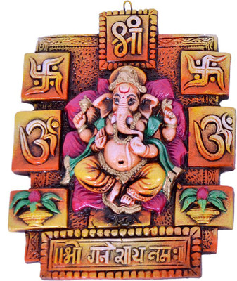 

Indigo Creativs Handcrafted Beautiful Terracotta Lord Ganesha with Mantra & holy symbols Door / Wall Hanging Diwali Puja Decoration Decorative Showpiece - 20 cm(Earthenware, Multicolor)