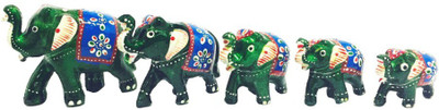 

MARIYAM Paper Mache Work Elephant Family Set Of 5 Decorative Showpiece - 8 cm(Polyresin, Green)