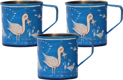 

eCraftIndia Handpainted Decorative Stainless Steel Mug(180 ml, Pack of 3), Blue;white