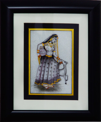 

eCraftIndia Charming Ragini Marble Painting with pot and Calf (Wooden Framed) Decorative Showpiece - 27.94 cm(Stoneware, Wooden, Multicolor)