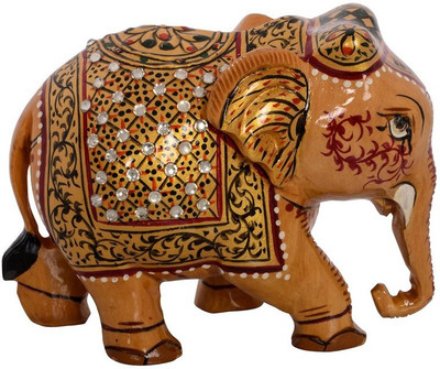 

eCraftIndia Painted Elephant with Decorative Handmade Shawl Decorative Showpiece - 7.62 cm(Wooden, Brown, Gold)