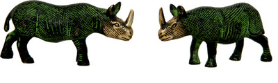 Aesthetic Decors Rhinoceros Standing Pair Antique Decorative Showpiece - 6.4 cm(Brass, Black, Gold)
