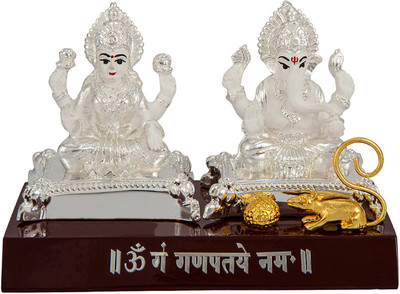 

Siri Creations Lakshmi Ganesha idol with Foil and Base Decorative Showpiece - 8 cm(Silver Plated, Silver, White, Gold)