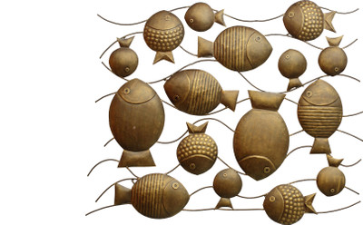 

Nafees Iron Fish Family Wall Decor/Wall Hanging Decorative Showpiece - 102 cm(Iron, Brown, Gold)