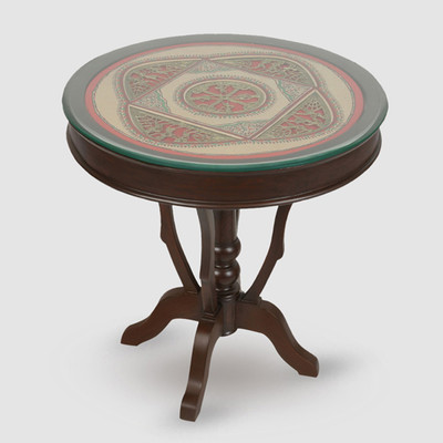 

ExclusiveLane Dhokra & Warli Work Round Shaped Teak Wood Solid Wood Side Table(Finish Color - Walnut Brown)