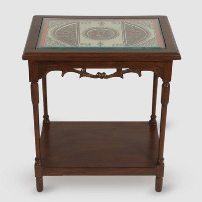

ExclusiveLane Dhokra & Warli Work Teak Wood Solid Wood Side Table(Finish Color - Walnut Brown)