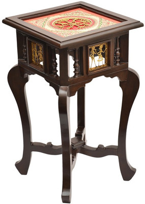 

ExclusiveLane Dhokra & Warli Work Teak Wood Corner Table Cum Solid Wood Side Table(Finish Color - Walnut)