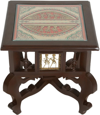 

ExclusiveLane Dhokra & Warli Work Teak Wood Solid Wood Side Table(Finish Color - Walnut Brown)