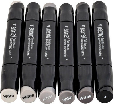 BRuSTRO Twin Tip Alcohol Based A fineliner and A chiseltip Nib Sketch Pens(Set of 6, Warm Greys)