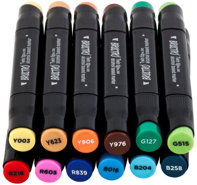BRuSTRO Twin Tip Alcohol Based A fineliner and A chiseltip Nib Sketch Pens(Set of 12, Basic B)