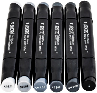 

Brustro Twin Tip Alcohol Based A fineliner and A chiseltip Nib Sketch Pens(Set of 6, Cool Greys)