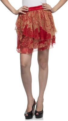 

One Femme Printed Women's Layered Red Skirt, Red 03