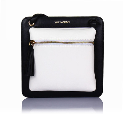 

THE MAKER Women Casual Black, White Leatherette Sling Bag
