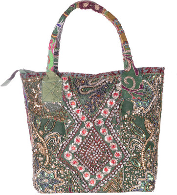 

Jewel Fab Art Women Evening/Party Green Cotton Sling Bag