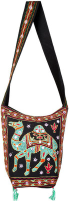 Rajrang Women Green, Black Cotton Sling Bag, Black;green