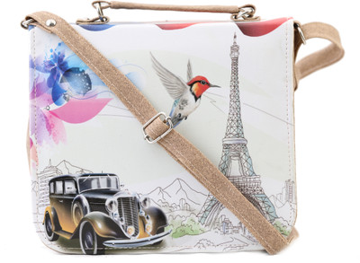 Felicita Women Casual Beige, White PU Sling Bag