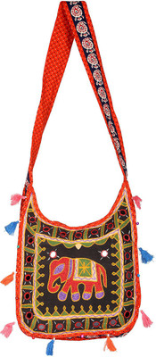 

Rajrang Women Casual Orange, Black Cotton Sling Bag, Black;orange