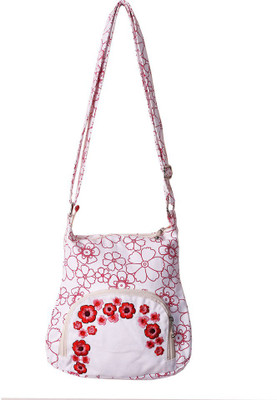 Bag Factory Girls Casual White, Red Canvas Sling Bag, Red;white