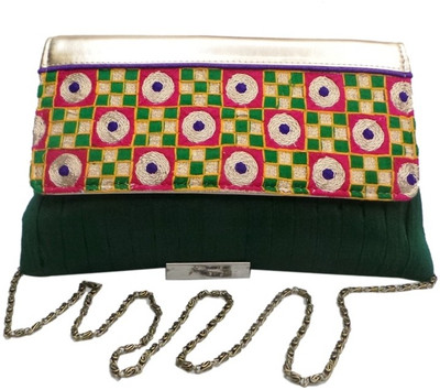 

Bhamini Women Evening/Party Green Silk Sling Bag