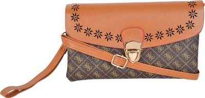Kleio Women Casual Gold, Brown PU Sling Bag, Brown;gold