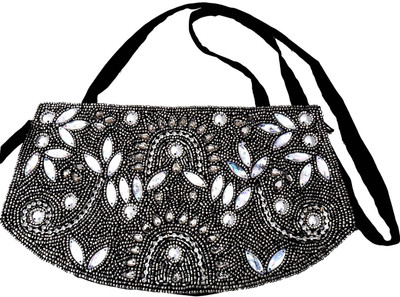 

Beadworks Women Evening/Party Black, Grey Silk, Beads Sling Bag