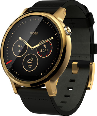 

Motorola Moto 360 2nd Gen (46 mm) for Men Gold Black Leather Smartwatch(Gold, Black Strap Large), Black;gold