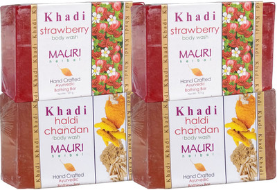 

Khadi Mauri Haldi Chandan & Strawberry Soaps Twin Pack of 4 Herbal Ayurvedic Natural(500 g, Pack of 4)