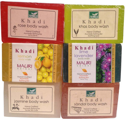 

Khadi Mauri Jasmine Khas Rose Lemon Sandal Lime-Lavender Soaps Pack of 6 Herbal Ayurvedic Natural(750 g, Pack of 6)
