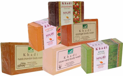 

Khadi Mauri Haldi-Chandan Aloe-Vera Khas Papaya Orange Strawberry Soaps - Combo Pack of 6 - Premium Handcafted Herbal(750 g, Pack of 6)