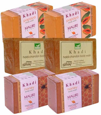 

Khadi Mauri Papaya, Haldi-Chandan & Honey Double Pack Soaps - Combo Pack of 6 - Premium Handcafted Herbal(750 g, Pack of 6)