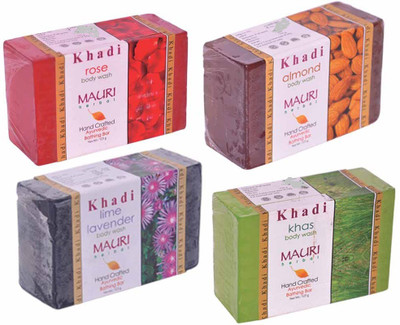 

Khadi Mauri Rose Almond Lime-Lavender Khas Soaps - Combo Pack of 4 - Premium Handcafted Herbal(500 g, Pack of 4)