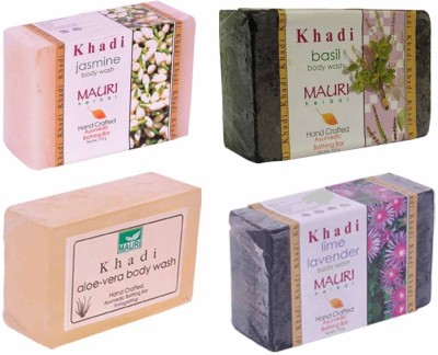 

Khadi Mauri Jasmine Basil Aloe-Vera Lime-Lavender Soaps - Combo Pack of 4 - Premium Handcafted Herbal(500 g, Pack of 4)