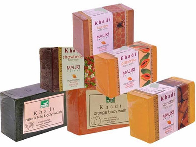 

Khadi Mauri Neem-Tulsi Orange Sandal Strawberry Papaya Honey Soaps - Combo Pack of 6 - Premium Handcafted Herbal(750 g, Pack of 6)