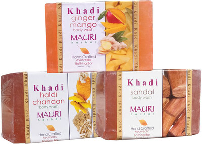 

Khadi Mauri Haldi Chandan Ginger Mango Sandal Soaps Pack of 3 Herbal Ayurvedic Natural(375 g, Pack of 3)