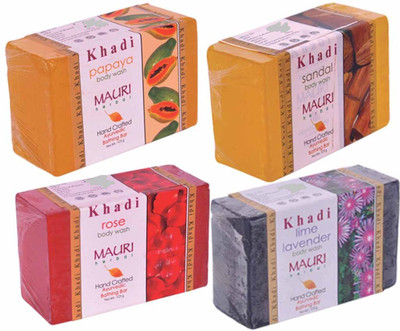 

Khadi Mauri Papaya Sandal Rose Lime-Lavender Soaps - Combo Pack of 4 - Premium Handcafted Herbal(500 g, Pack of 4)