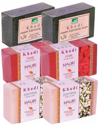 

Khadi Mauri Neem-Tulsi, Rose & Jasmine Double Pack Soaps - Combo Pack of 6 - Premium Handcafted Herbal(750 g, Pack of 6)
