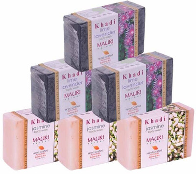 

Khadi Mauri Jasmine & Lime-Lavender Triple Pack Soaps - Combo Pack of 6 - Premium Handcafted Herbal(750 g, Pack of 6)