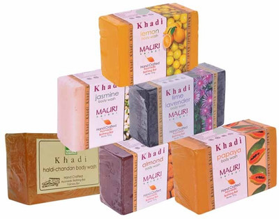 

Khadi Mauri Haldi-Chandan Almond Papaya Jasmine Lime-Lavender Lemon Soaps - Combo Pack of 6 - Premium Handcafted Herbal(750 g, Pack of 6)