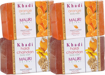 

Khadi Mauri Haldi Chandan & Orange Soaps Twin Pack of 4 Herbal Ayurvedic Natural(500 g, Pack of 4)