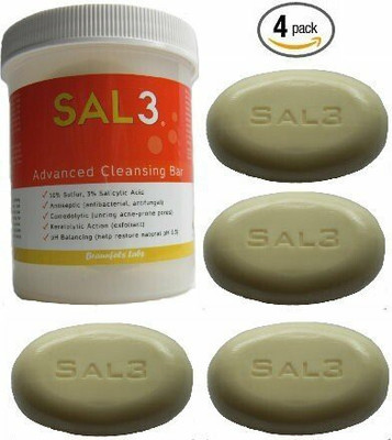 

Sal3 4 Pack- Cleansing Bar - in special Suds Jar + 3 replacement soap bars - 3% salicylic acid 10% sulfur(440 g, Pack of 4)