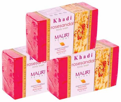 Khadi Mauri Rose Sandal Soap - Pack of 3 - Premium Handcafted Herbal(3 x 125 g)