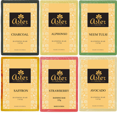 

Aster Luxury Assortment Soap - Pack Of 6 Charcoal Alphonso Neemtulsi Saffron Strawberry Avocado(750 g, Pack of 6)