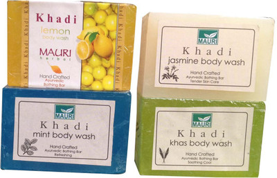 

Khadi Mauri Jasmine Lemon Khas Mint Soaps Pack of 4 Herbal Ayurvedic Natural(500 g, Pack of 4)