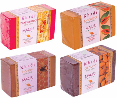 

Khadi Mauri Rose-Sandal Papaya Honey Almond Soaps - Combo Pack of 4 - Premium Handcafted Herbal(500 g, Pack of 4)