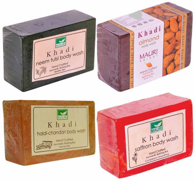 

Khadi Mauri Neem-Tulsi Almond Haldi-Chandan Saffron Soaps - Combo Pack of 4 - Premium Handcafted Herbal(500 g, Pack of 4)