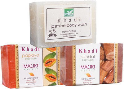 

Khadi Mauri Jasmine Papaya Sandal Soaps Pack of 3 Herbal Ayurvedic Natural(375 g, Pack of 3)