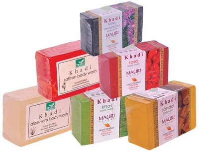 

Khadi Mauri Aloe-Vera Khas Sandal Saffron Rose Lime-Lavender Soaps - Combo Pack of 6 - Premium Handcafted Herbal(750 g, Pack of 6)