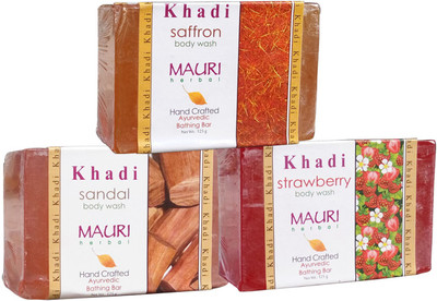 

Khadi Mauri Sandal Strawberry Saffron Soaps Pack of 3 Herbal Ayurvedic Natural(375 g, Pack of 3)