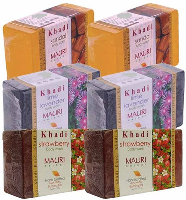 

Khadi Mauri Sandal, Lime-Lavender & Strawberry Double Pack Soaps - Combo Pack of 6 - Premium Handcafted Herbal(750 g, Pack of 6)